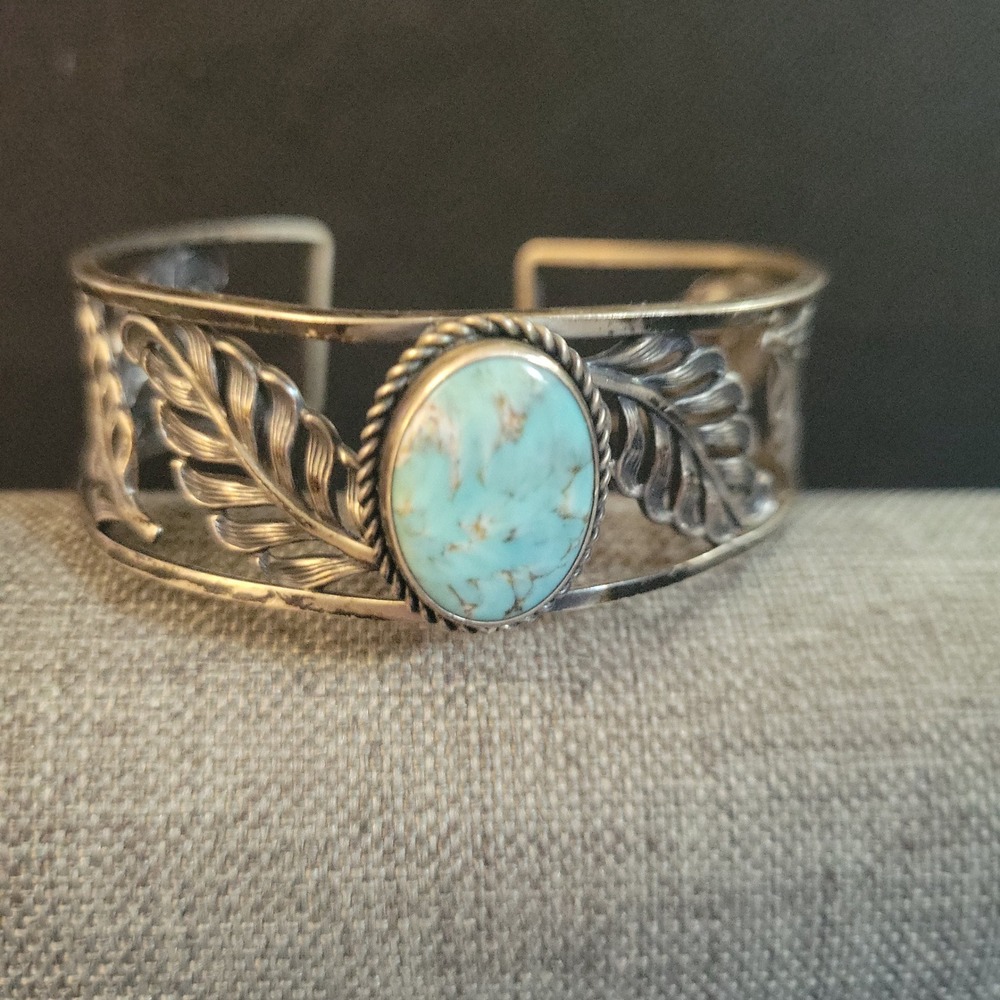 Vintage Sterling Silver Turquoise Leaf Cuff Bracelet 6.25 Inch Size Medium
